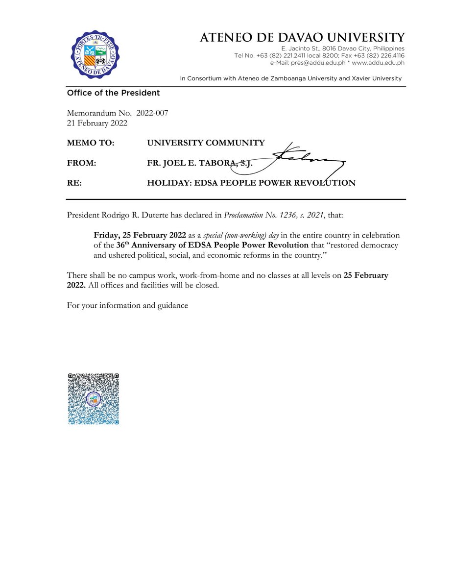 ADDU_Official's tweet photo. UNIV MEMO | Holiday: EDSA People Power Revolution

There shall be no campus work, work-from-home, and no classes at all levels on 25 February 2022 to celebrate the 36th Anniversary of EDSA People Power Revolution

For your information and guidance. https://t.co/mrp9JAdXxK