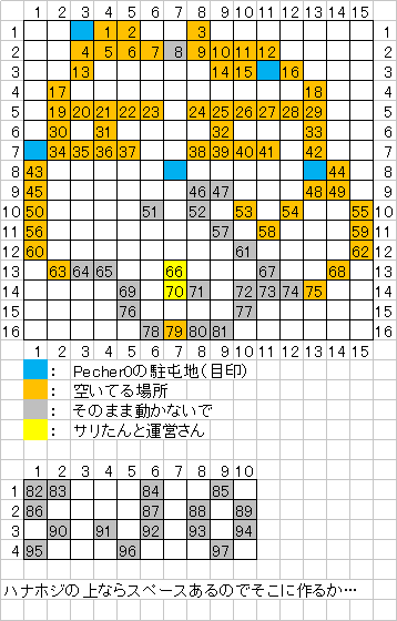 x_x_w_x_x's tweet photo. かなりの大物になります
座標間違ってませんように…
グレーの座標にいる人はそのままでOKです
オレンジが現在空き地なので、どなたか移動願います
下の方から徐々に作っていくとよいかなーと思います
間違っていたときに傷が浅く済むので
#5JO https://t.co/ye5birDyBv