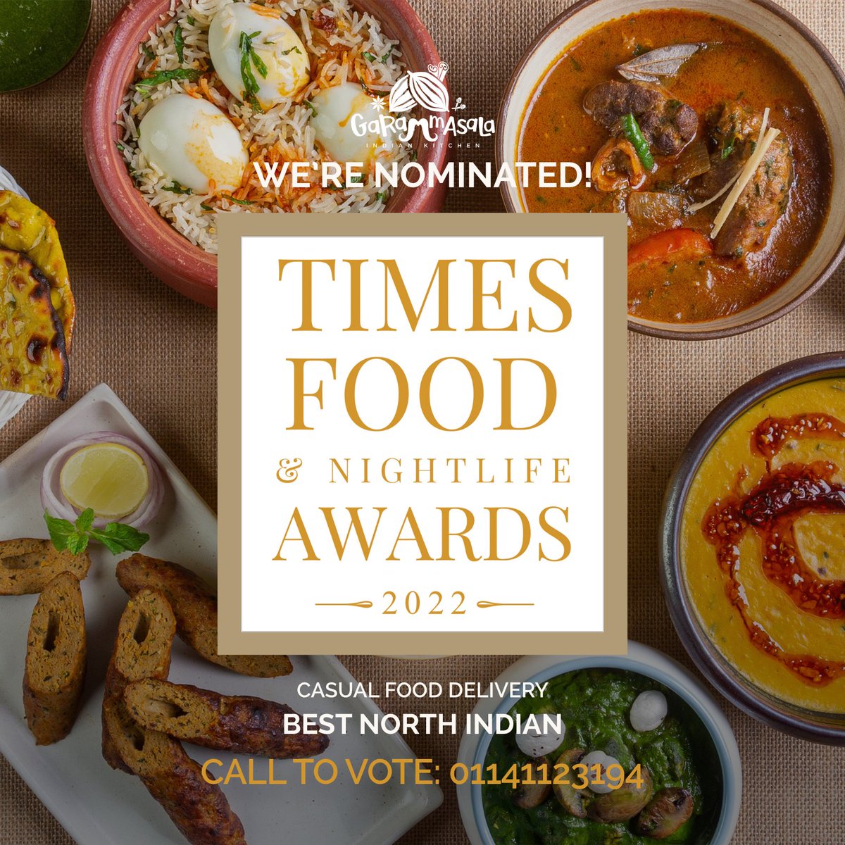 We are ecstatic to announce that we have been nominated for the Times Food &amp; Nightlife #Awards 2022 under the ‘Best North Indian - Casual Food Delivery’ category. If GaramMasala is your favourite North Indian delivery, show us some love by voting for us!

📞 #Vote: 01141123194