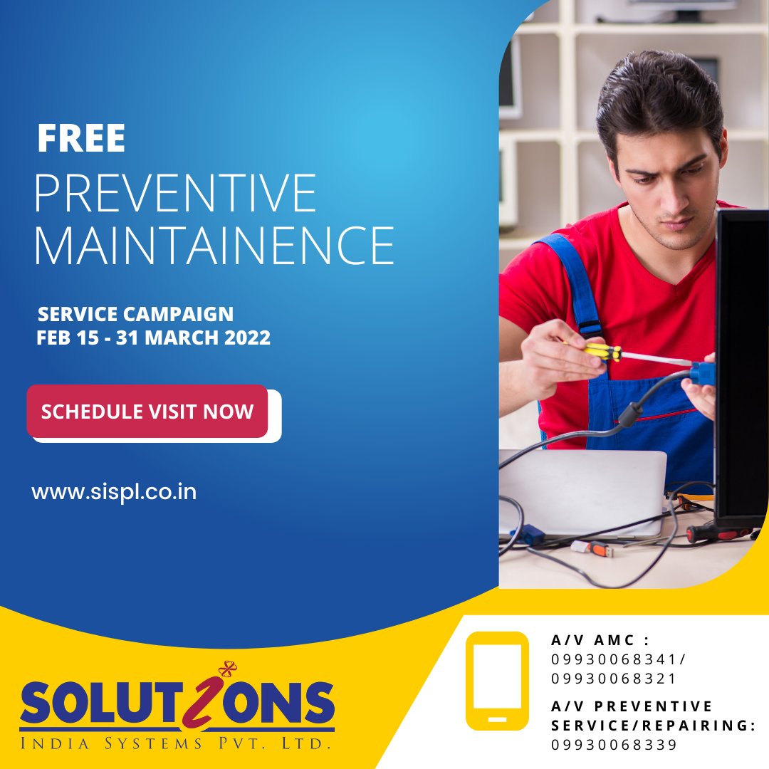 SISPLAV's tweet photo. Preventive maintenance extends the life of your assets, increases their total lifetime value, and minimizes the occurrence of major repairs.
Schedule Free Preventive Maintenance Service Now.
https://t.co/EfNJBBwdTR

 #avservice #avservicing #servicewithasmile #business #india https://t.co/JSyQrwtGAw