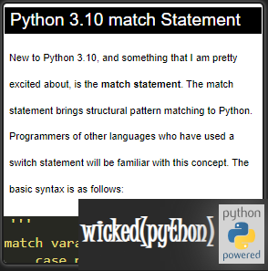 wkdPython's tweet image. Python 3.10, match Statement = AWESOME!
wickedpython.com/tutorial/51/
#Python #Python3 #PythonProgramming #CodeNewbie #CodeNewbies #PythonCoding #pythonlearning #learntocode