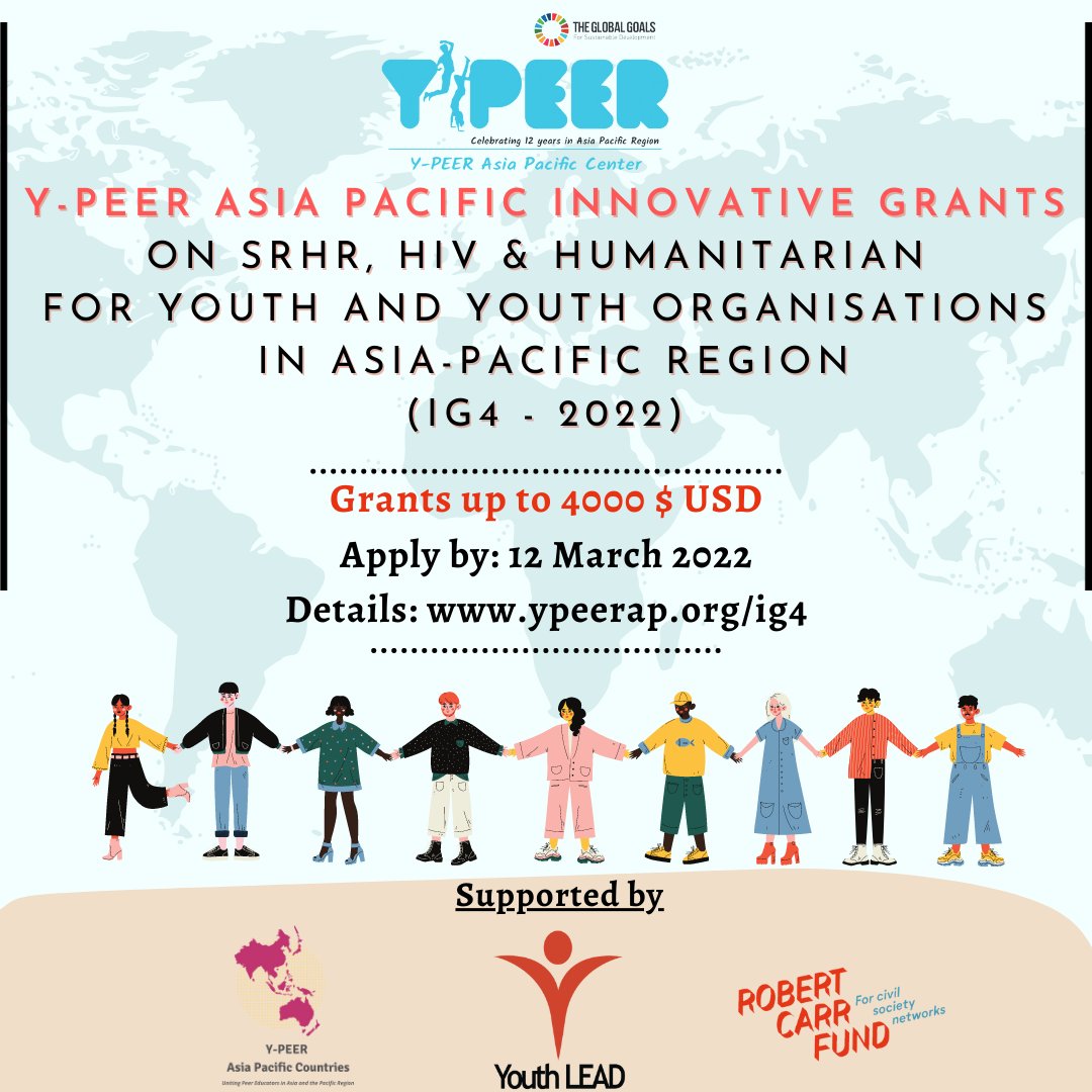 ypeerap's tweet photo. "Y-PEER Asia Pacific Innovative Grants on SRHR, HIV &amp; Humanitarian For Youth and Youth Organisations
 in Asia-Pacific Region"

Grants up to 4000$ USD.
Apply by: 12 March 2022
More Details: https://t.co/oOfQ5K4vkc

#IG4 #YouthGrants #InnovativeGrants #RCF #YKPs #YouthGrants https://t.co/9fBPAzcoFc