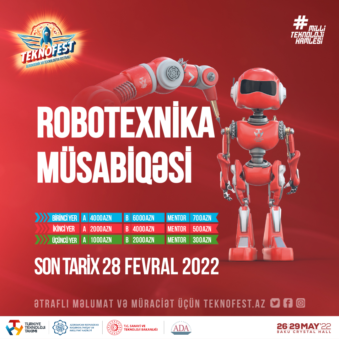 teknofestaz's tweet photo. 📢 Dəyərli izləyicilər,
Nəzərinizə çatdırmaq istəyirik ki, bəzi müsabiqələrin qeydiyyat müddəti uzadılıb!

#festival #yarish #musabiqe #qeydiyyat #TeknofestAzerbaijan #Teknofest2022 https://t.co/ZkgrrwD9DC