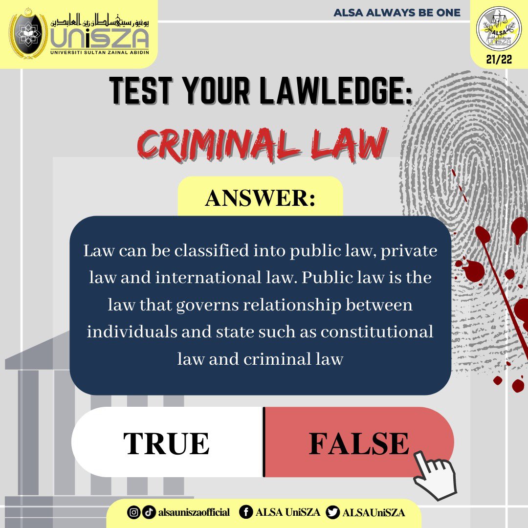 ALSAUniSZA's tweet photo. [Test Your Lawledge (Part 6): Criminal Law]

And the answer is.....FALSE!

Did you get it right? If not, its okay!

Now you know 🤩🤝

#ALSAUnisza
#alsaalwaysbeone https://t.co/l0lMjkIUFF