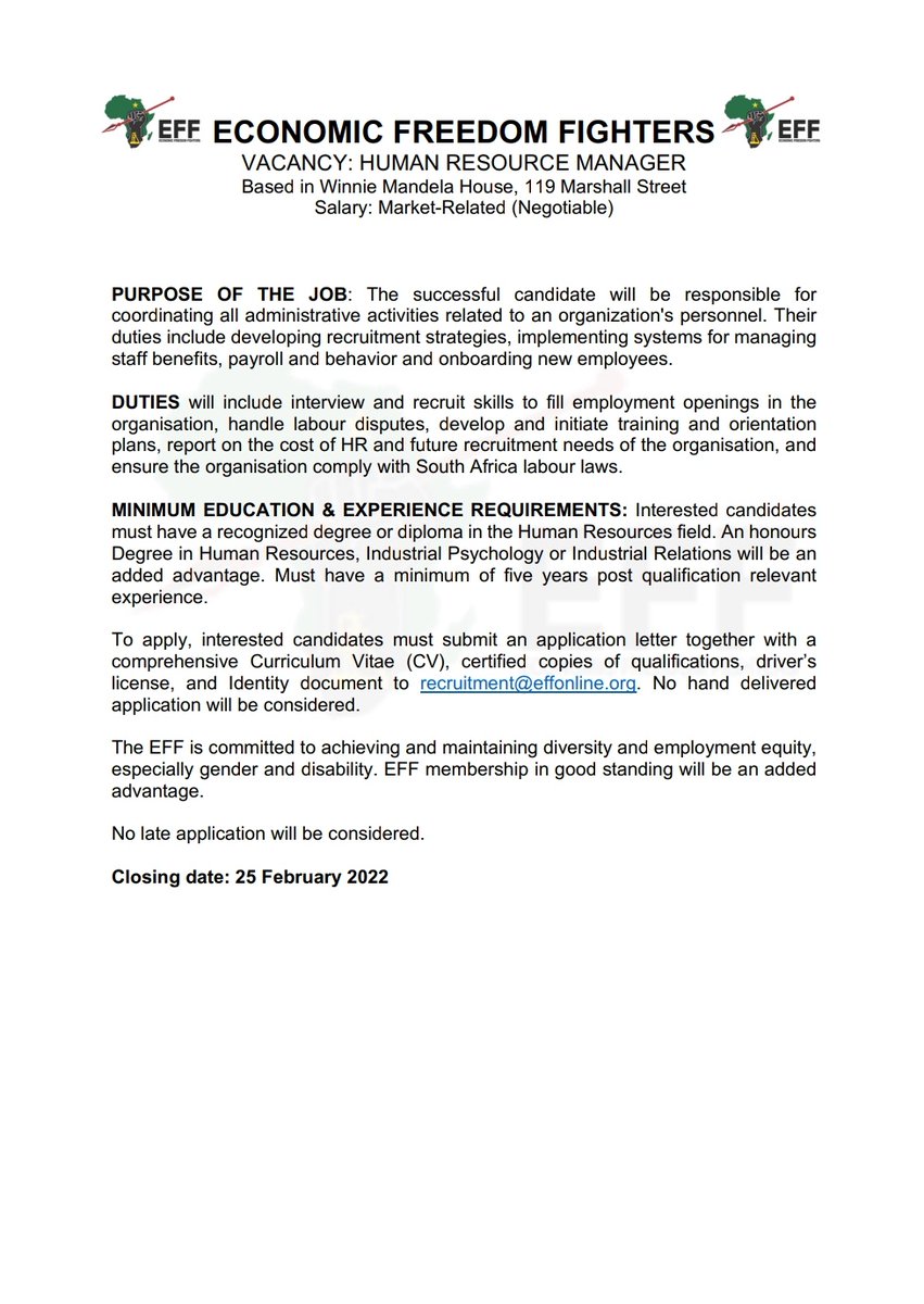 EFFSouthAfrica's tweet photo. [JOB VACANCY]: You can still apply.

The EFF is looking for a Human Resource Manager. #EFFJobs https://t.co/eYI7H76uVc