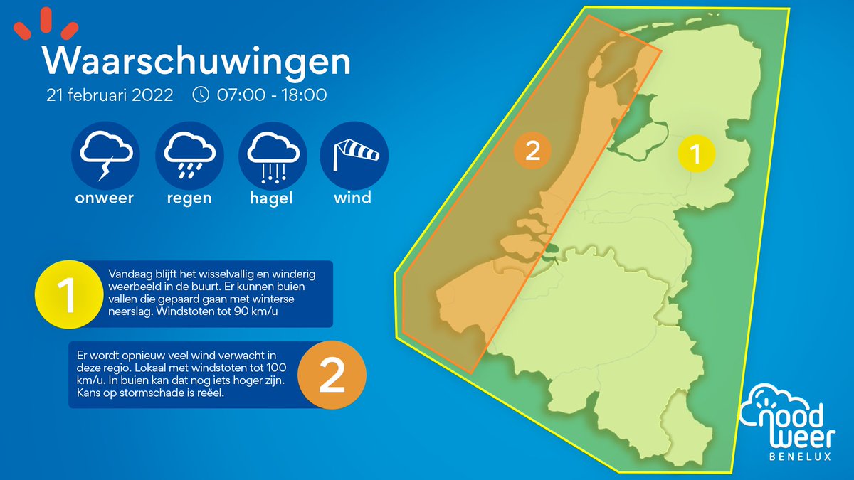 NoodweerBenelux's tweet photo. Goedemorgen #Twitter! Vandaag moeten we nog steeds rekening houden met een scherp #windveld boven de Benelux. Over het westen kan de #wind pieken naar 100 km/u, lokaal 110 km/u. Elders zijn er buien mogelijk met zelfs kans op smeltende #sneeuw in #Nederland. https://t.co/ZJo84OLTTu