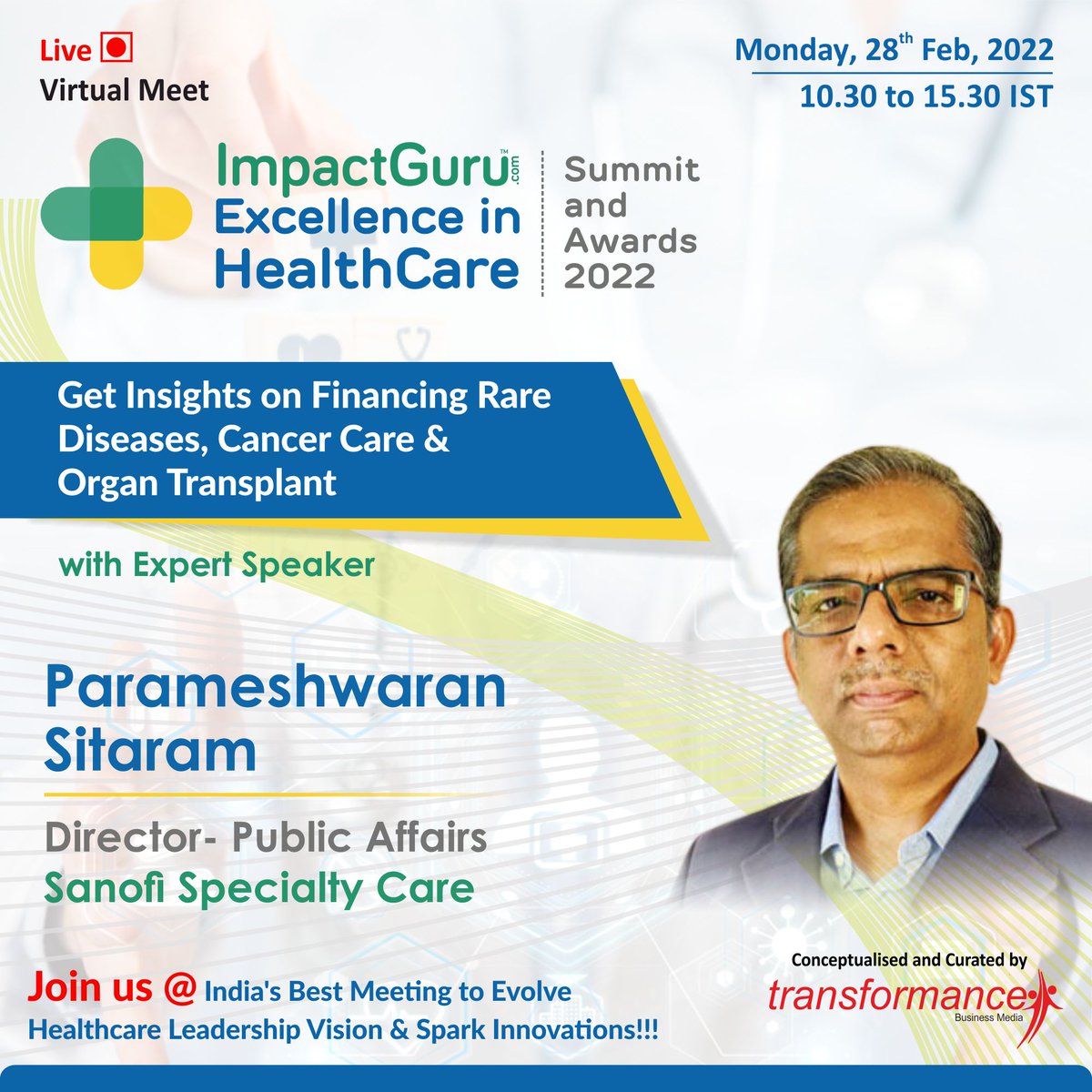 trfforums's tweet image. Join Parameshwaran Sitaram from @SanofiSpecialty, while he shares his insights on Treatment and Financing of Rare Diseases at the @ImpactGuru Excellence in HealthCare Summit &amp;amp; Awards 2022.

FREE seats: tbmindia.in/impactguruheal…

#healthcare #impactguru #transformanceforums