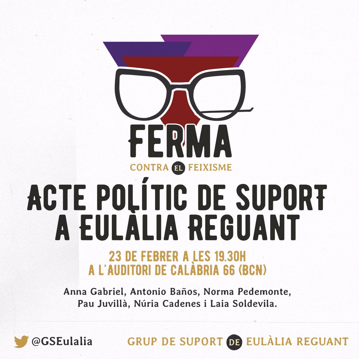 GSEulalia's tweet photo. A una setmana del judici al TS per no respondre VOX

📢ACTE DE SUPORT A @aramateix 

🗓 Dimecres 23 de feb
📍 Auditori de @calabria_66 
⏰ 19:30h
🗣 Amb @freeannagabriel @antoniobanos_ @Norma_Pedemonte @pjuvilla @ncadenes @Laia_Soldevila i més convidats sorpresa‼️

T’hi esperem! https://t.co/7HX64rjwfD