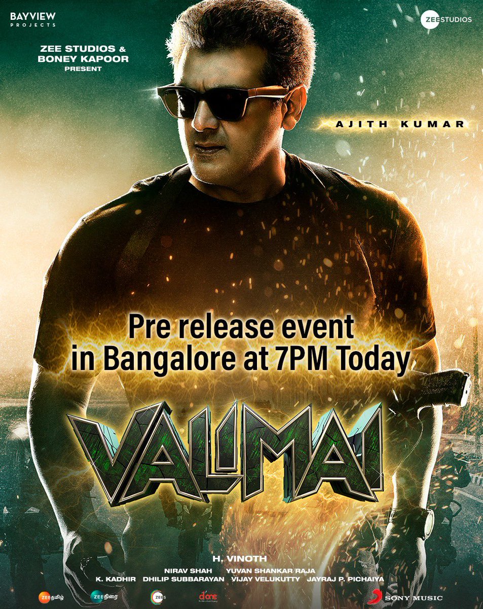 BoneyKapoor's tweet photo. Bangalore, get ready for the amazing pre-release event of #Valimai today at 7 PM. See you all!🥳

Releasing in Hindi, Tamil, Telugu, and Kannada on 24th Feb 2022.

#ValimaiPromo #ValimaiThePower #ValimaiFDFS #ValimaiFromFeb24

#AjithKumar #HVinoth @thisisysr @BayViewProjOffl https://t.co/YeS2HkJnhx