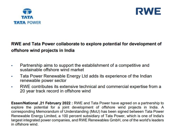 REDBOXINDIA's tweet image. TATA POWER: RWE AND CO COLLABORATE TO EXPLORE POTENTIAL FOR DEVELOPMENT OF OFFSHORE WIND PROJECTS IN INDIA

@TataPower 

#BREAKING
