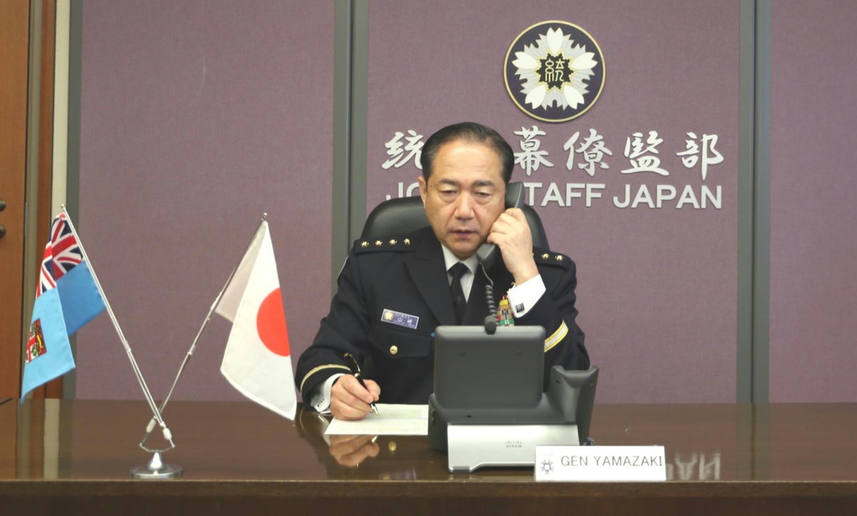 JapanJointStaff's tweet photo. CJJS GEN YAMAZAKI, had a phone call with @Rfmf_Media MG Kalouniwai, Commander RFMF. They exchanged their views about #OpTongaAssit and also agreed to continuously cooperate with each other to realize #FOIP through Defense cooperation and exchanges between the SDF and the RFMF. https://t.co/ApxNDZjZGm