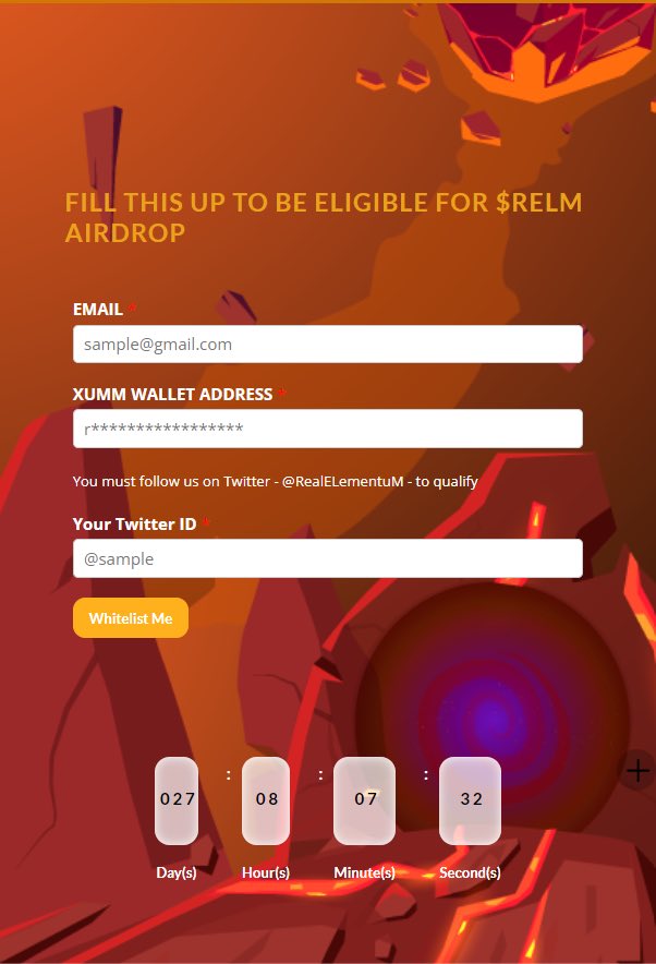 ELEMENTUM RELMVERSE (@realelementum) on Twitter photo FILL THIS UP TO BE ELIGIBLE FOR $RELM AIRDROP 👇👇
📄Fill Up Form Link: elementum-nft.com
✅Set $RELM Trustline: bit.ly/3LNBjD6
Requirements for $RELM Airdrop:
✅Must Follow <a href="/RealELementuM/">ELEMENTUM RELMVERSE</a>
✅Provide Your GMAIL Address
✅Provide Your Xumm Address FILL THIS UP TO BE ELIGIBLE FOR $RELM AIRDROP 👇👇
📄Fill Up Form Link: elementum-nft.com
✅Set $RELM Trustline: bit.ly/3LNBjD6
Requirements for $RELM Airdrop:
✅Must Follow <a href="/RealELementuM/">ELEMENTUM RELMVERSE</a>
✅Provide Your GMAIL Address
✅Provide Your Xumm Address