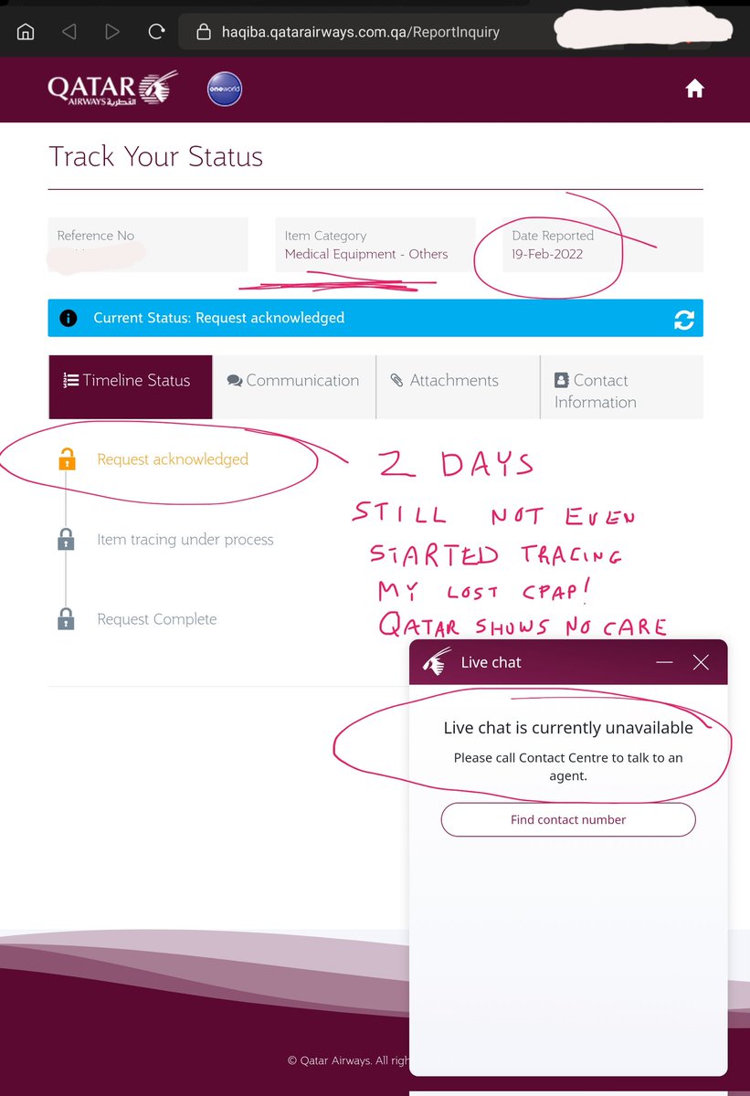 MindCivic's tweet photo. So I found on the status page that item tracing has not even started on my CPAP device that I need every night to breathe! This is 2 days after I reported it to the gate and after the flight attendants stowed it for me. "live" chat always offline too. https://t.co/ikBM9Eg7JZ