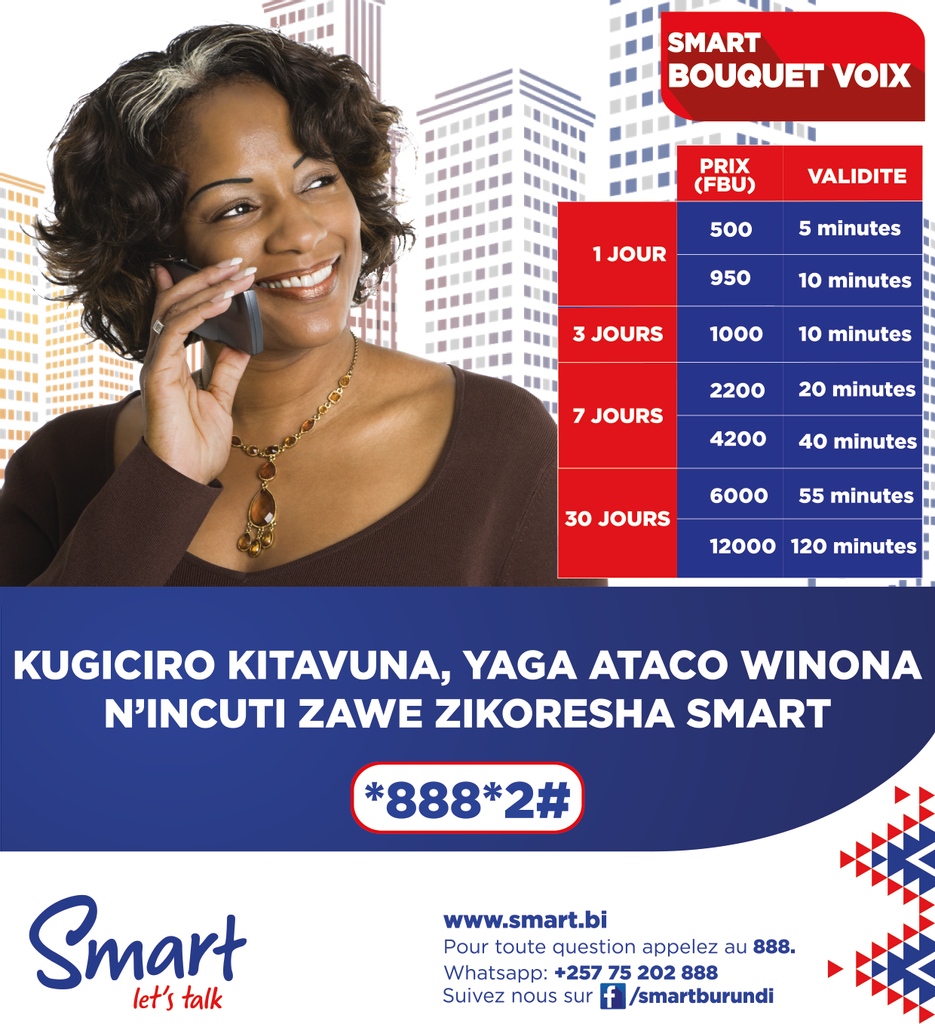 Hitamwo umuganda mwipfuza wo guhamagara kuva kuri 100 Fbu ku munota. Fyonda *888*2#
#Smartburundi
#Burundi
