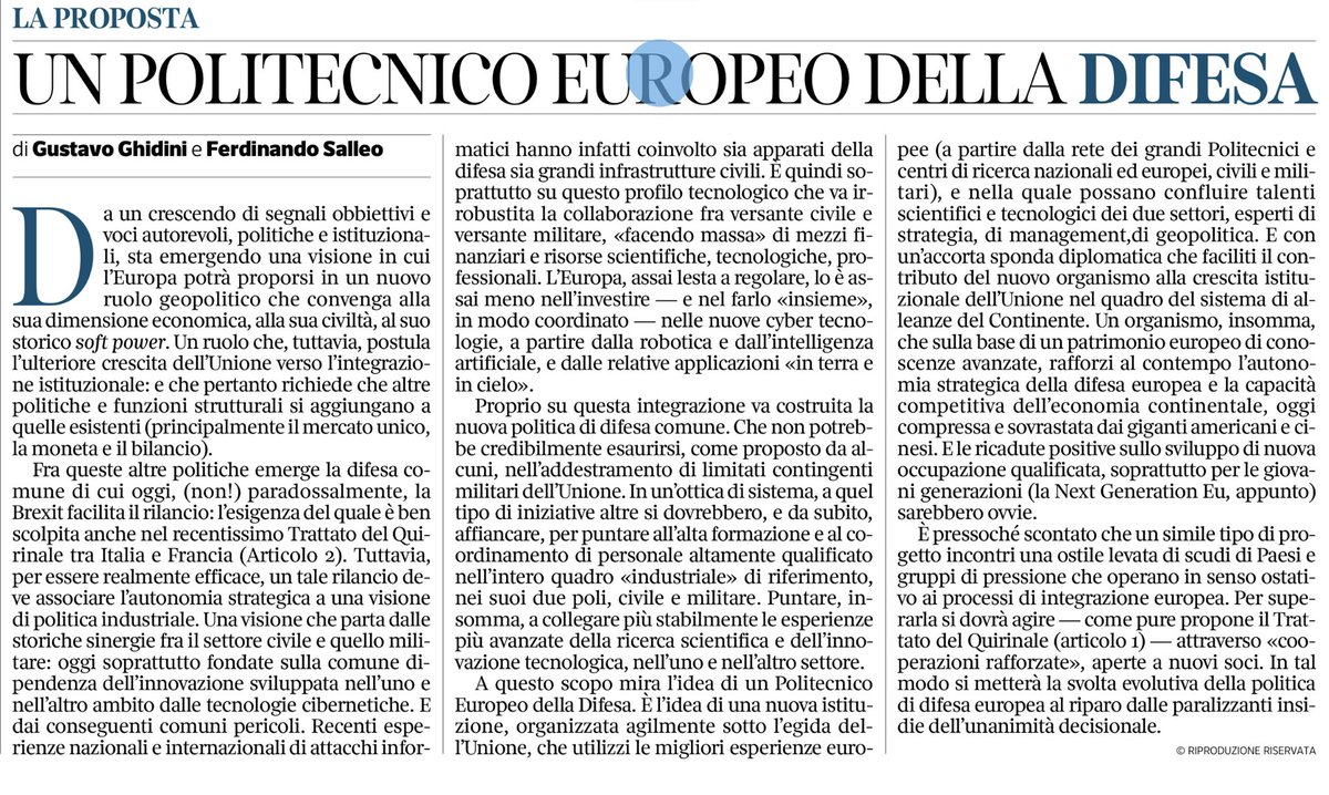 Un Politecnico Europeo della Difesa per affermare la forza dei diritti, della democrazia, di una globalizzazione sostenibile. Un progetto che può partire dall’iniziativa delle Università europee ⁦<a href="/CaFoscari/">Università Ca' Foscari Venezia</a>⁩ ⁦⁦@cfcs_cafoscari⁩ ⁦<a href="/corriere/">Corriere della Sera</a>