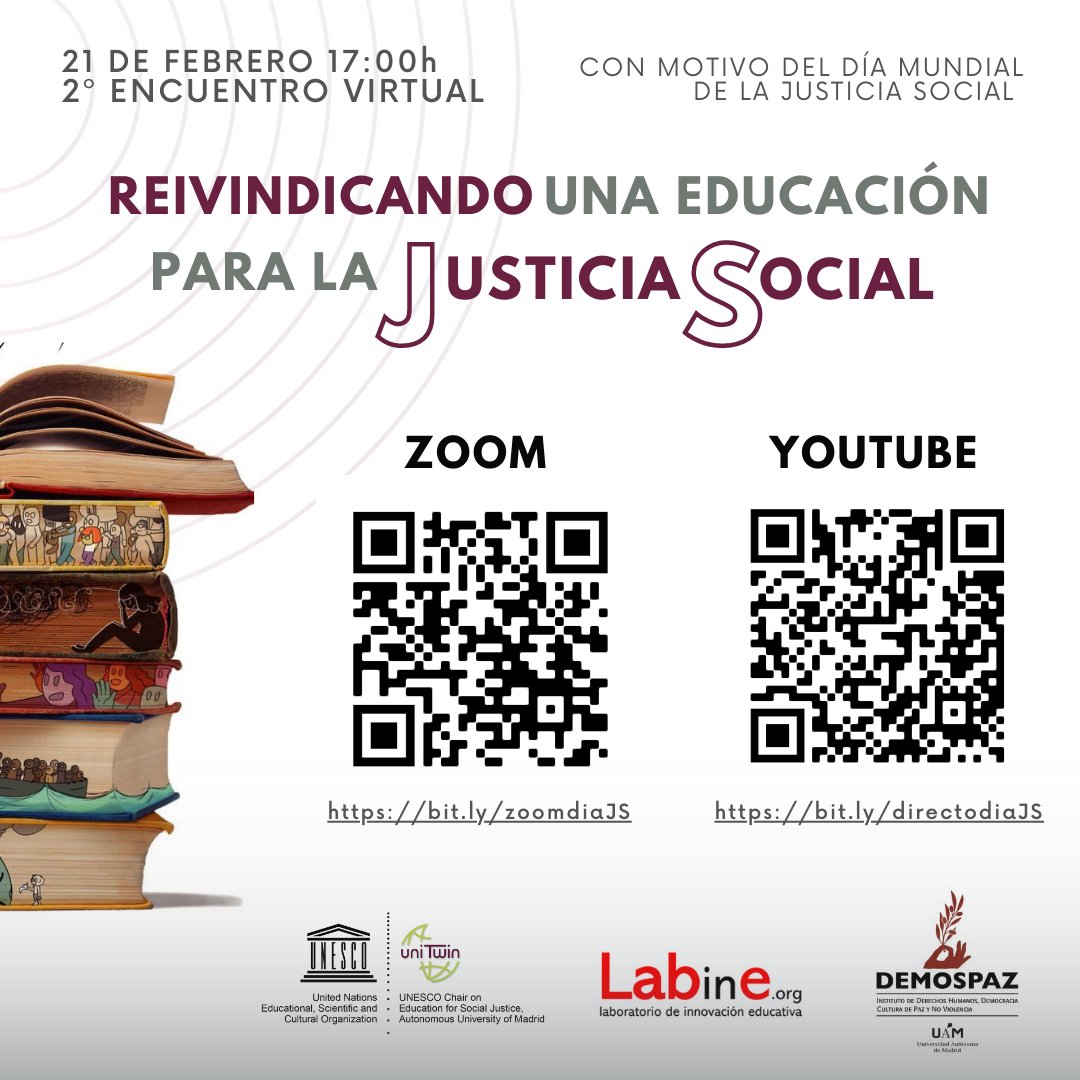 CatedraUnescoJS's tweet photo. 📣¡No te lo pierdas!

🗓️Hoy,🕔a las 17:00 (hora española),💻II encuentro virtual "Reivindicando una Educación para la Justicia Social"

Acceso en: https://t.co/hKs5bsB0i8 https://t.co/8bobjj8dTO