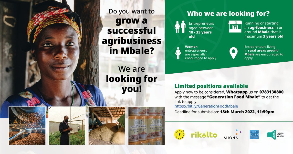 SHONAGroup's tweet photo. Do you want to build a successful agribusiness in or around Mbale? #GenerationFood is looking for young entrepreneurs with innovative business solutions contributing to sustainable and inclusive #foodsystems. Apply now via https://t.co/9qRythDtwr #youthinag https://t.co/3NBdY6HArn
