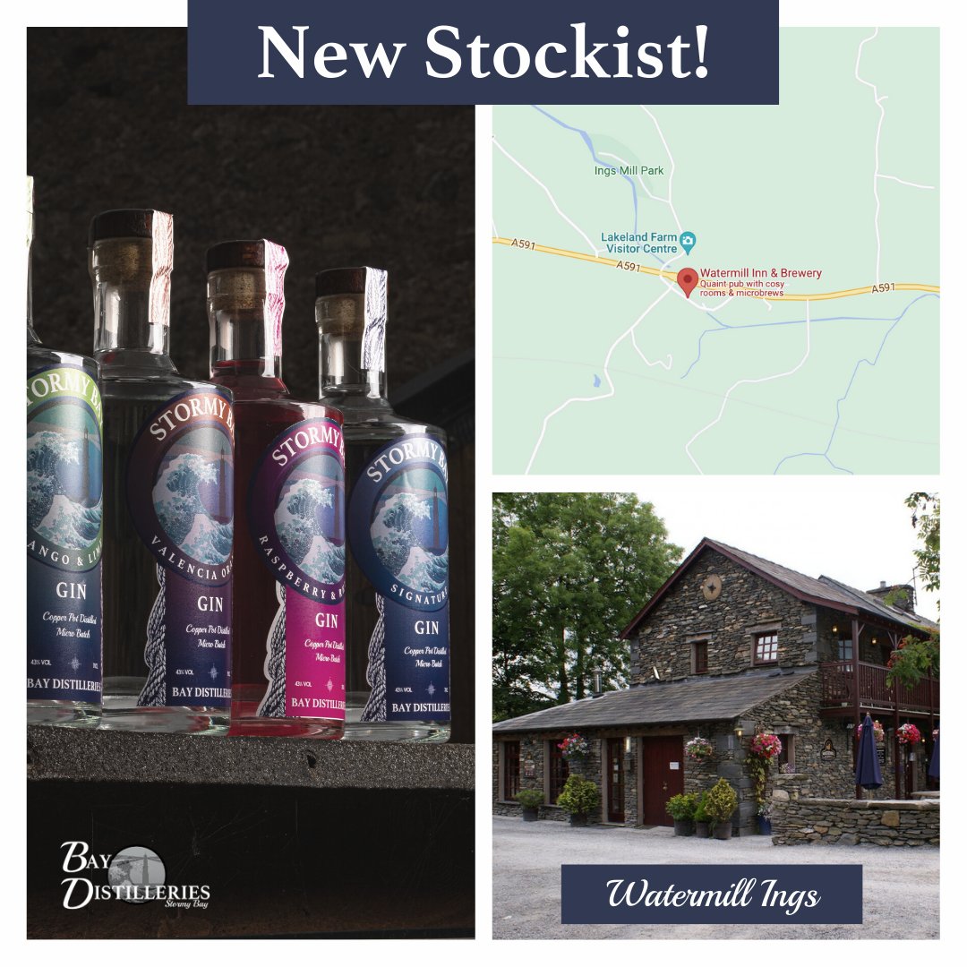 BayDistilleries's tweet photo. We are pleased to announce that Stormy Bay gin is now available at @watermillinn. 
Home to a great choice of real ales brewed on the premises and accommodation situated in the quiet village of Ings, 2 miles East of Windermere in the Lake District. https://t.co/B4Ay0xSh9V