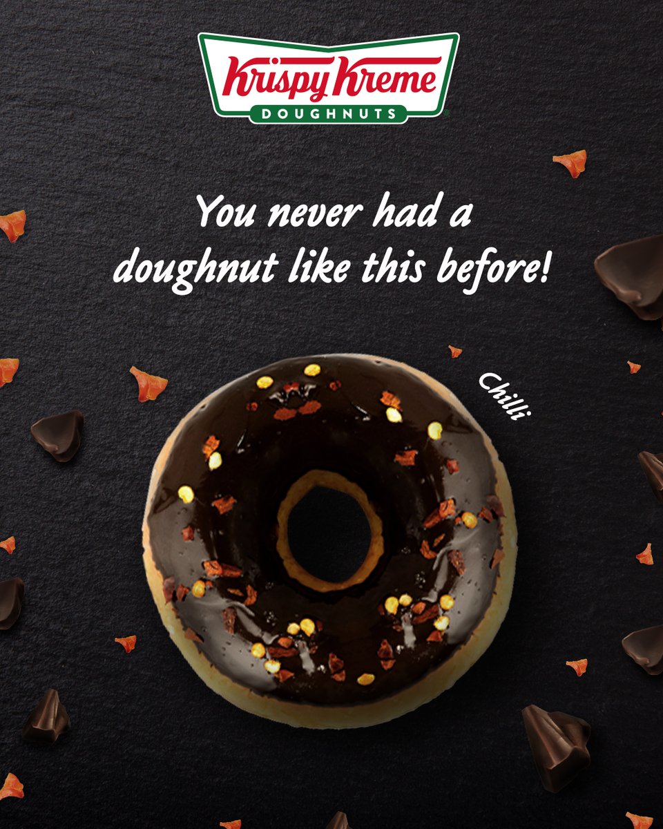 Our Chilli Chocolate doughnut is undoubtedly the most suprising delicacy that you'll get experience! Combining the taste of two worlds, we bring you this delightful suprise.
Try it at your nearest Krispy Kreme today!

#KrispyKremeIndia #KrispykremeDoughnuts #darkchocolate #chilli