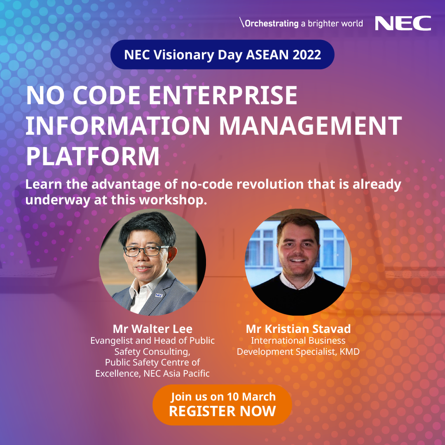 NEC_APAC's tweet photo. What is so appealing about #nocode design? Faster roll-out, lower costs and resources, greater control are just some of the advantages. Attend our workshop at #VDA2022 to learn how to take advantage of the no-code revolution.

Register here https://t.co/TmOdV1VLYq 
#NEC https://t.co/14aOxxS6L4