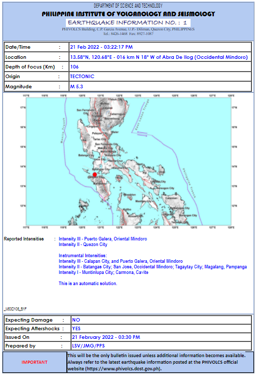 gmanews's tweet photo. JUST IN: Niyanig ng magnitude 5.3 na lindol ang Abra de Ilog sa Occidental Mindoro kaninang 3:22 p.m., ayon sa @phivolcs_dost. https://t.co/jaZeJOh6Ku