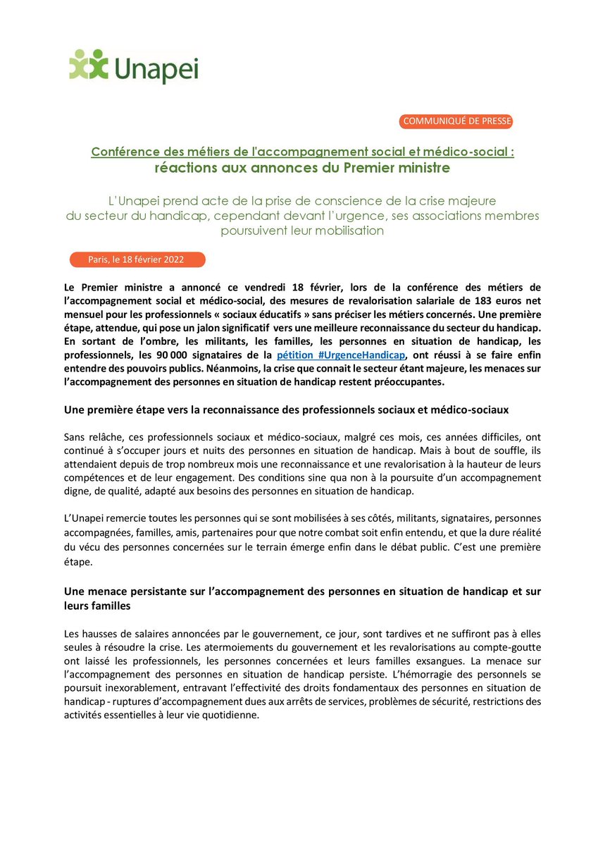 Conférence des métiers de l'accompagnement social et médico-social : <a href="/Unapei/">Unapei</a> réagit et prend acte de la prise de conscience de la crise majeure du secteur du handicap, cependant devant l’urgence, ses associations membres poursuivent leur mobilisation. #urgencehandicap