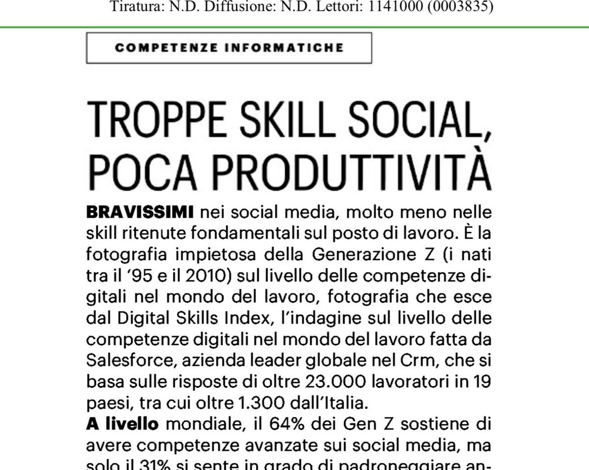 #pensieri 
La generazione Z non è “naturalmente” dotata delle skills che richiede il mercato del lavoro di oggi e domani. 
Prepararli al futuro vuol dire investire oggi su una formazione continua con programmi e percorsi adeguati che puntino su skills trasversali, STEM e digital.