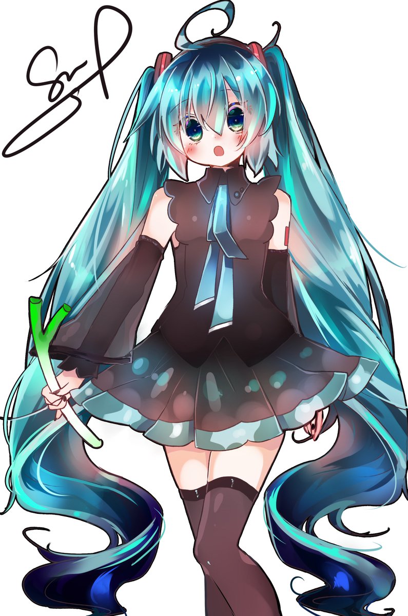 hatsune miku 1girl solo spring onion long hair thighhighs very long hair twintails  illustration images