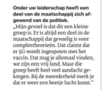 <a href="/markrutte/">Mark Rutte</a> Hopen dat we weer naast elkaar gaan staan om vervolgens mensen die zich hebben afgewend van de politiek weg te zetten als complotgekken. Hoe vind je zelf dat het gaat?