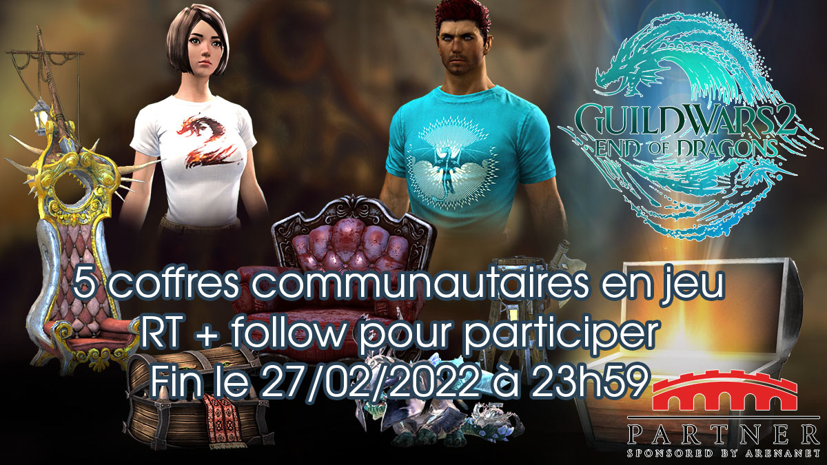 NicoLeChti's tweet photo. Pour féter la sortie de l'extension #EndOfDragons de #GuildWars2, je met en jeu 5 coffres commnautaires !
►Follow @NicoLeChti + RT pour participer
►Fin de la participation le 27/02/2022 à 23h59
Sponsorisé par ArenaNet. https://t.co/xD5SN89xlz