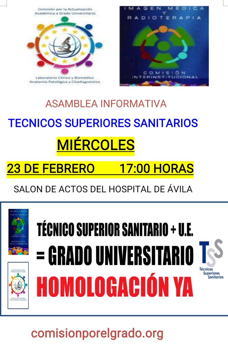 SietessTecnicos's tweet photo. Compartimos el cartel sobre la asamblea informativa que tendrá lugar en el Hospital Nuestra Señora de Sonsoles de Ávila, el próximo miércoles 23 de febrero alas 17:00 h

#PorelGradoUniversitario
#Equiparación
#EquiparaciónYa
#ConTSSHayDiagnostico #TSSGradoUniversitario https://t.co/R9RfeZLmal