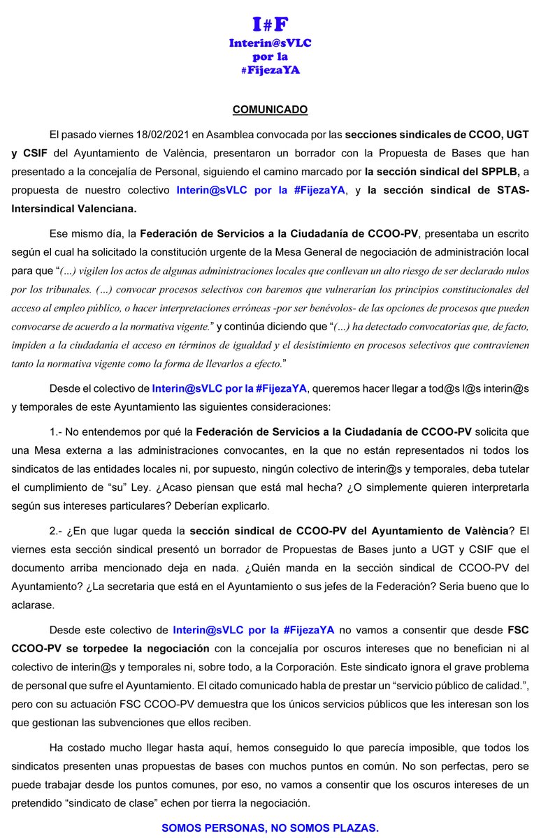 InterinosVlc's tweet photo. El escrito de @fscccoopv deja en evidencia a @CCOOValenciAyto.
No nos fiamos de un "sindicato lengua de serpiente" que dentro del @AjuntamentVLC dice una cosa y fuera otra.
El objetivo es estabilizar a TODAS las personas a las que afecta la Ley 20/2021.
#FijezaYaEsConstitucional https://t.co/ZfMfELOw3K