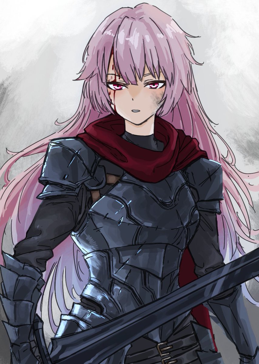 1girl long hair armor solo weapon pink hair holding  illustration images