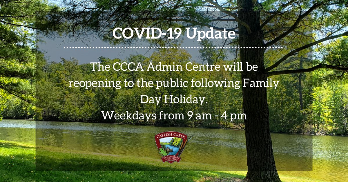 The CCCA Admin Centre is closed for Family Day. 

However it will reopen to the public tomorrow February 22, 2022 at 9:00 a.m. Due to a small foyer please limit your visits and only 1-2 people at a time.