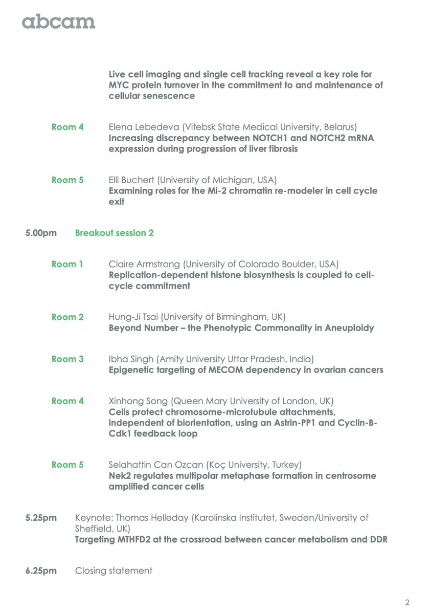 Robertus de Bruin (@derobertus) on Twitter photo Virtual Cell Cycle Club meeting, this Wednesday, February 23.
PROGRAMME
3 short talks: @roylelab, <a href="/steve_cappell/">Steve Cappell</a> & O'Farrell lab
10 talks during 2 breakout sessions!!
1 Keynote: <a href="/Thomas_Helleday/">Thomas Helleday</a>
Don't miss out, so please register (for free!)
abcam.com/events/london-⦠Virtual Cell Cycle Club meeting, this Wednesday, February 23.
PROGRAMME
3 short talks: @roylelab, <a href="/steve_cappell/">Steve Cappell</a> & O'Farrell lab
10 talks during 2 breakout sessions!!
1 Keynote: <a href="/Thomas_Helleday/">Thomas Helleday</a>
Don't miss out, so please register (for free!)
abcam.com/events/london-ā¦