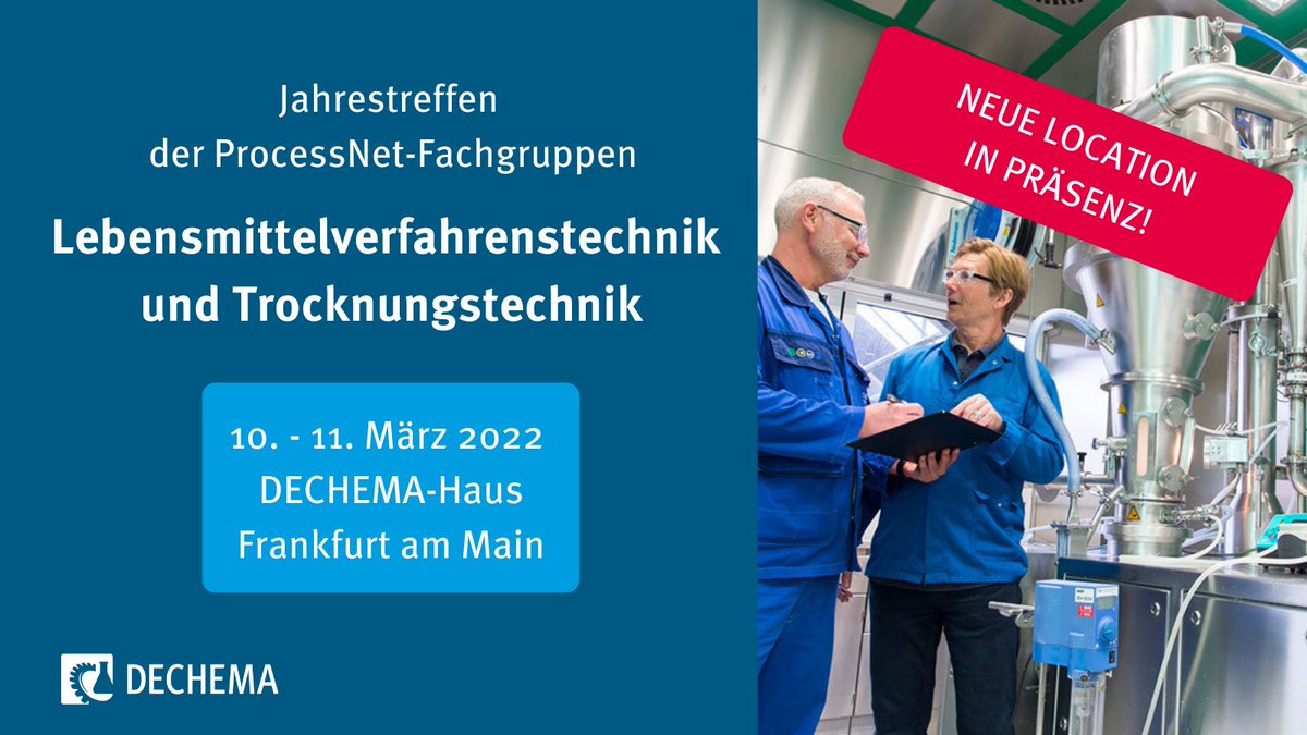 DECHEMA's tweet photo. #DECHEMAveranstaltungen #NeueLocation Das Jahrestreffen der #ProcessNet-Fachgruppen: Lebensmittelverfahrenstechnik und Trocknungstechnik findet jetzt in Frankfurt, im DECHEMA-Haus, in Präsenz statt. Alle weiteren Informationen unter: https://t.co/qPhUdXkBcH https://t.co/kBpzDRSJlV