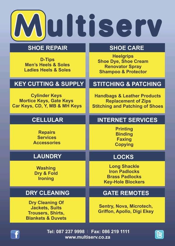 Southgate_JHB's tweet photo. Any little money na Convenience 🧺👞🔨
From Shoe repair, Internet services, Laundry, Cleaning, Key cutting and Supply.
Get all your quality products and affordable services at Multiserv Southgate.
#MultiServe #Repairs #SouthgateMall #TheresMoreForYou https://t.co/jIIhDauKsJ