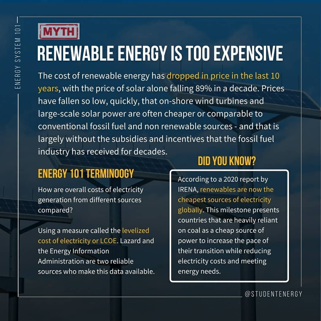 studentenergy's tweet photo. Welcome back to #Energy101! ⚡ Today, we’re debunking some of the most common myths that are used to create doubt about whether renewable energy is truly sustainable.

Also checkout the upcoming post for the valid concerns to be addressed as we expand renewable energy capacity. https://t.co/aWLA8EhFgp