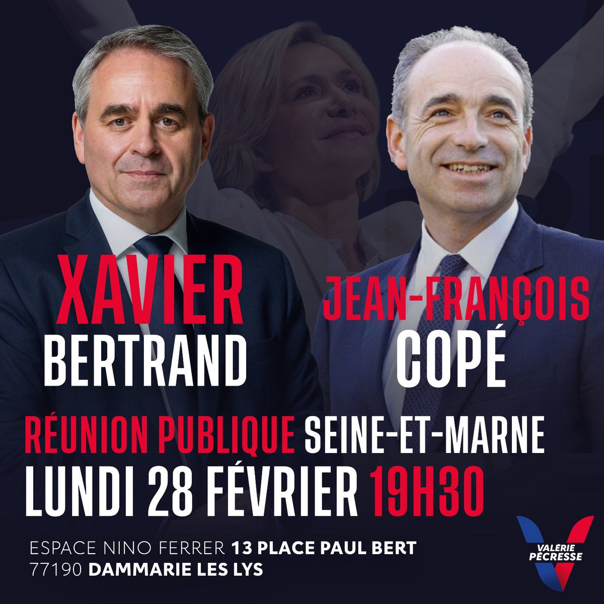📆 Nous vous donnons rendez-vous lundi 28 février à 19h30 pour une réunion publique de <a href="/xavierbertrand/">Xavier Bertrand</a> et <a href="/jf_cope/">Jean-François Copé</a> à l'Espace Nino Ferrer - 13, place Paul Bert à Dammarie-lès-Lys !
#Pecresse2022 #NouvelleFrance