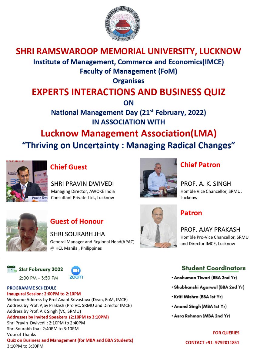 AWOKEIndia's tweet photo. Mr. Pravin Dwivedi @pravin_dwivedi09 was the Chief Guest for the session on the theme "Thriving on Uncertainty: Managing Radical Changes" on the eve of National Management Day today at @srmulucknow_official.
#ManagementDay https://t.co/PJkYGYc3Gh
