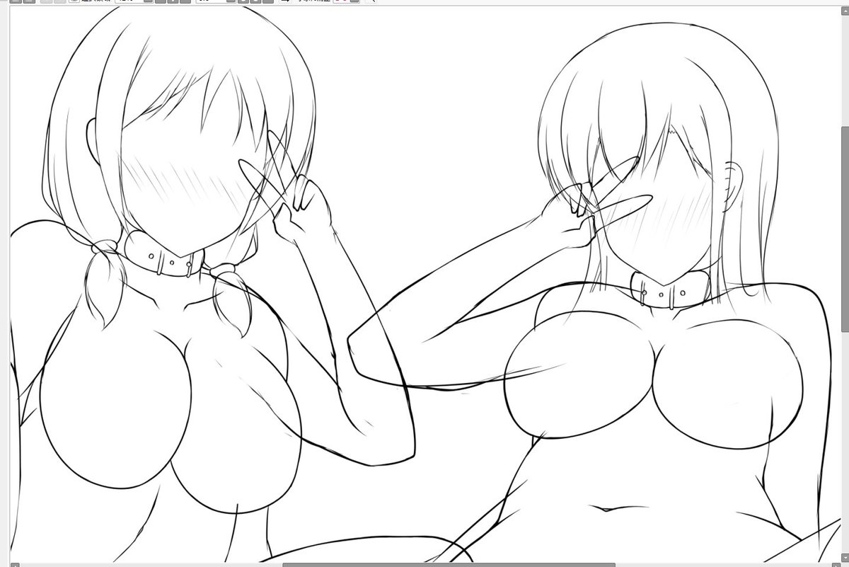 昨日描いていたシーンのピース差分用の線画を描き描き中〆(*゜ー゜)b 