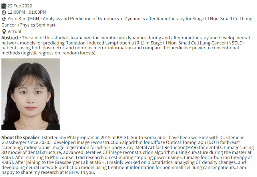 AliAjdari8's tweet photo. Very excited to announce our next #PhysicsSeminar speaker: Yejin Kim (MGH), on "Analysis & Prediction of Lymphocyte Dynamics during/after RT via #MachineLearning".
Time: Tues, Feb 22– 12-1pm (EST).
Register at https://t.co/R5oKHL7Z00
#radbio #medphys
@MGHCancerCenter https://t.co/d6W49zE3oY