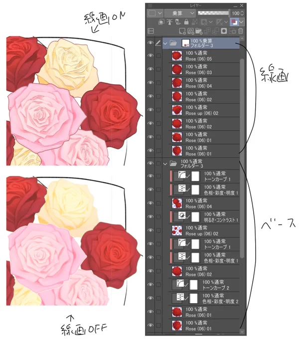 いい感じにお花作れましたー!(*'∀`*) あとはこれに合わせて葉っぱを描き足すだけ…がんばれ…