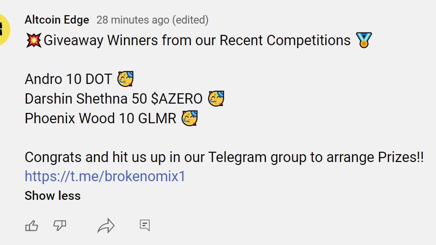 Altcoin_Edge's tweet photo. 📣We just announced recent giveaway winners in our YouTube Community post - Congrats!
10 $DOT from our recent @NodleNetwork video
50 $Azero from our @Aleph__Zero listing livestream
10 $GLMR from our @MoonbeamNetwork listing livestream
#altcoinedge #cryptocommunity #Giveaway https://t.co/fr0eLQoyYB