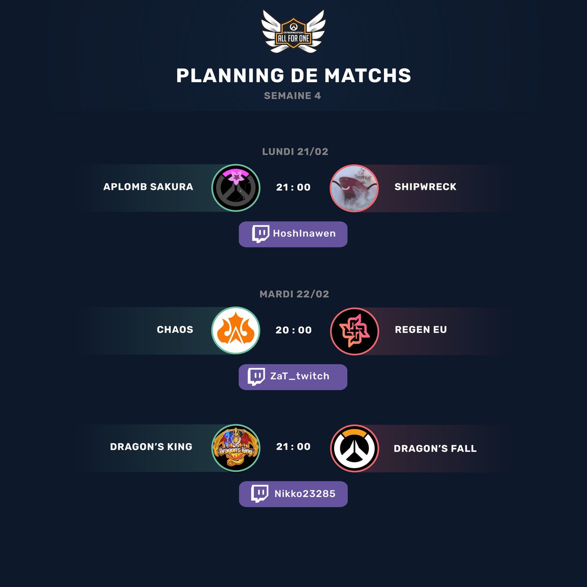 Bonjour tout le monde ✨

Voici le planning des matchs castés de cette quatrième et dernière semaine du stage 1 d'#Overwatch #AllForOne2022 🔥

On se retrouve comme à notre habitude mercredi pour l'annonce du planning des matchs castés de la division 1 🚀