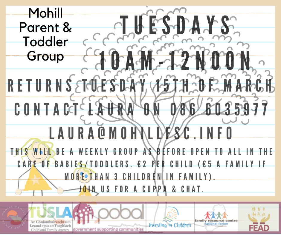 MohillFSC's tweet photo. Our Parent &amp; Toddler Group returns on the 15th of March
#parenting 
#parentandtoddler
#FamilySupport
#mohill
#leitrim https://t.co/zFkinFESF2