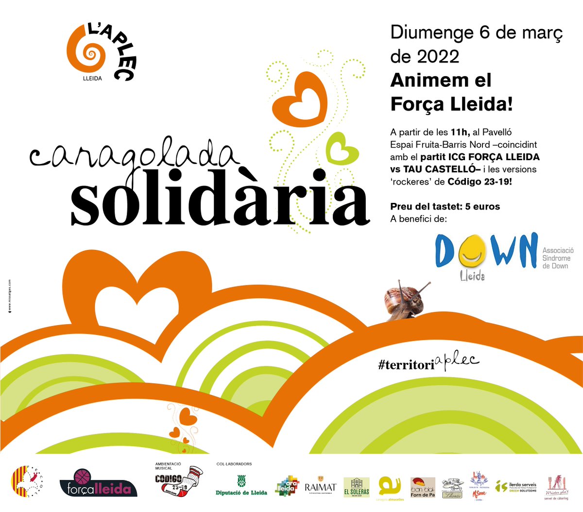 DownLleida's tweet photo. Caragolada solidària de @AplecCaragol el 6 de març a les 11h al pavelló Espai Fruita Barris Nord amb @flleida i per donar suport al nostre projecte d'atenció social i psicològica per a famílies.

T'hi esperem!!! https://t.co/8NLobtPYth