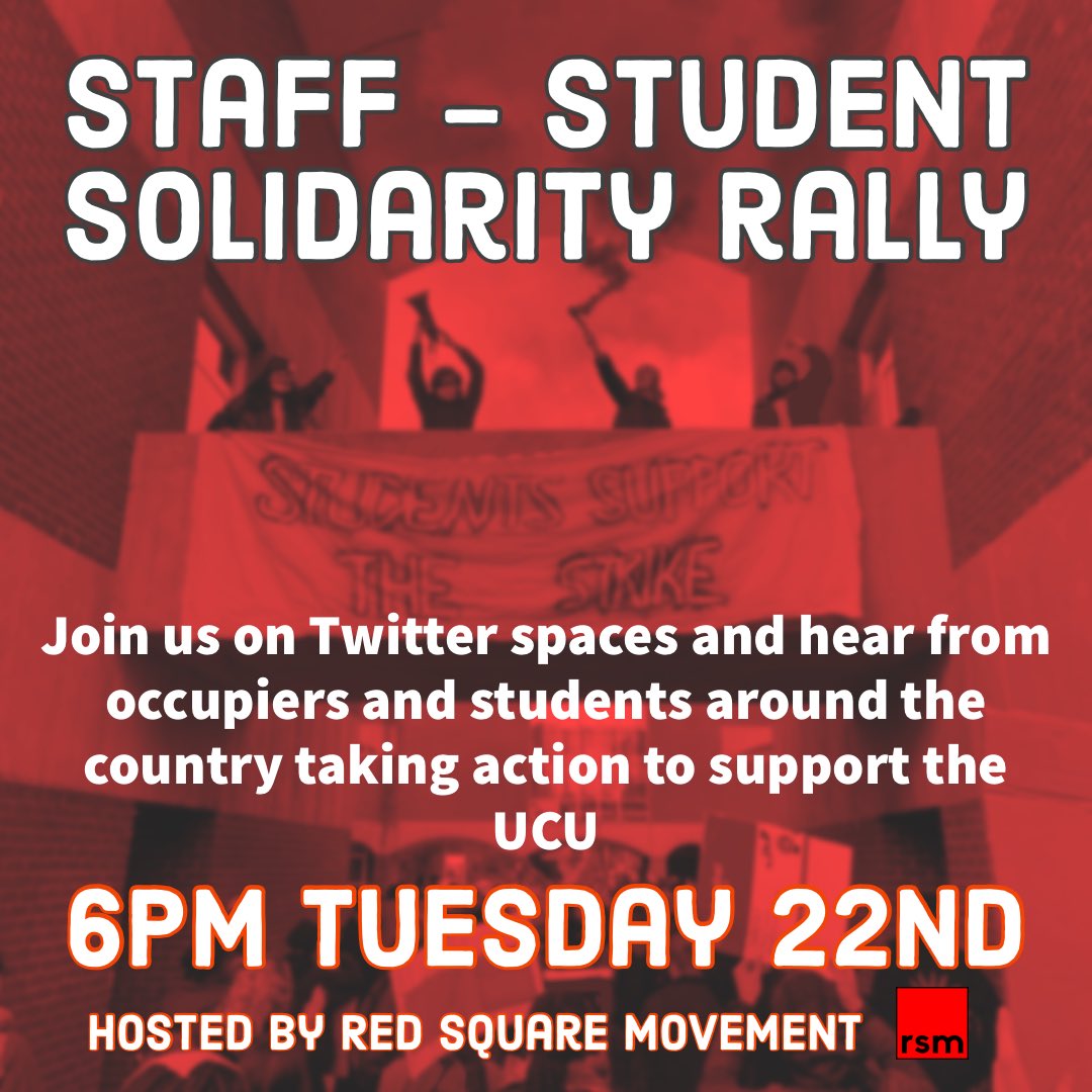 NEW TIME

🚨 Tomorrow at 6pm 🚨

Join us as we host students from around the country sharing the action they’re taking to support <a href="/ucu/">UCU</a>!

#OneOfUsAllOfUs #NoFeesNoVCs #TwitterSpaces