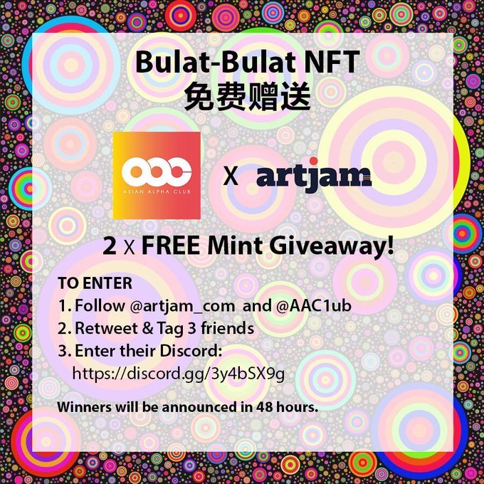 💙💛AAC Club X ArtJam 2 FREE Mint Giveaway💚💛

TO ENTER：

1. Follow <a href="/artjam_com/">ArtJam.com</a> and <a href="/AAC1ub/">AAC</a>
2. Retweet &amp; Tag 3 friends 
3. Enter their Discord: discord.gg/3y4bSX9g 

Winners will be announced in 48 hours.

 #NFTdrop #NFTGiveaway #generativeart #NFTCommunity