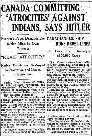 Article from 1938 - even Hitler knew the hypocrisy of canada. Canada needs to face the music of the genocide that is still taking place.